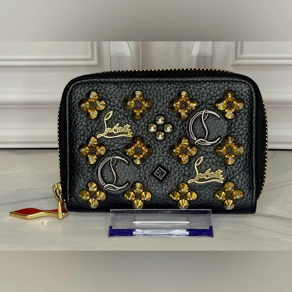 Christian Louboutin Black Leather Studded Compact Zip Wallet | COA + Dust Bag